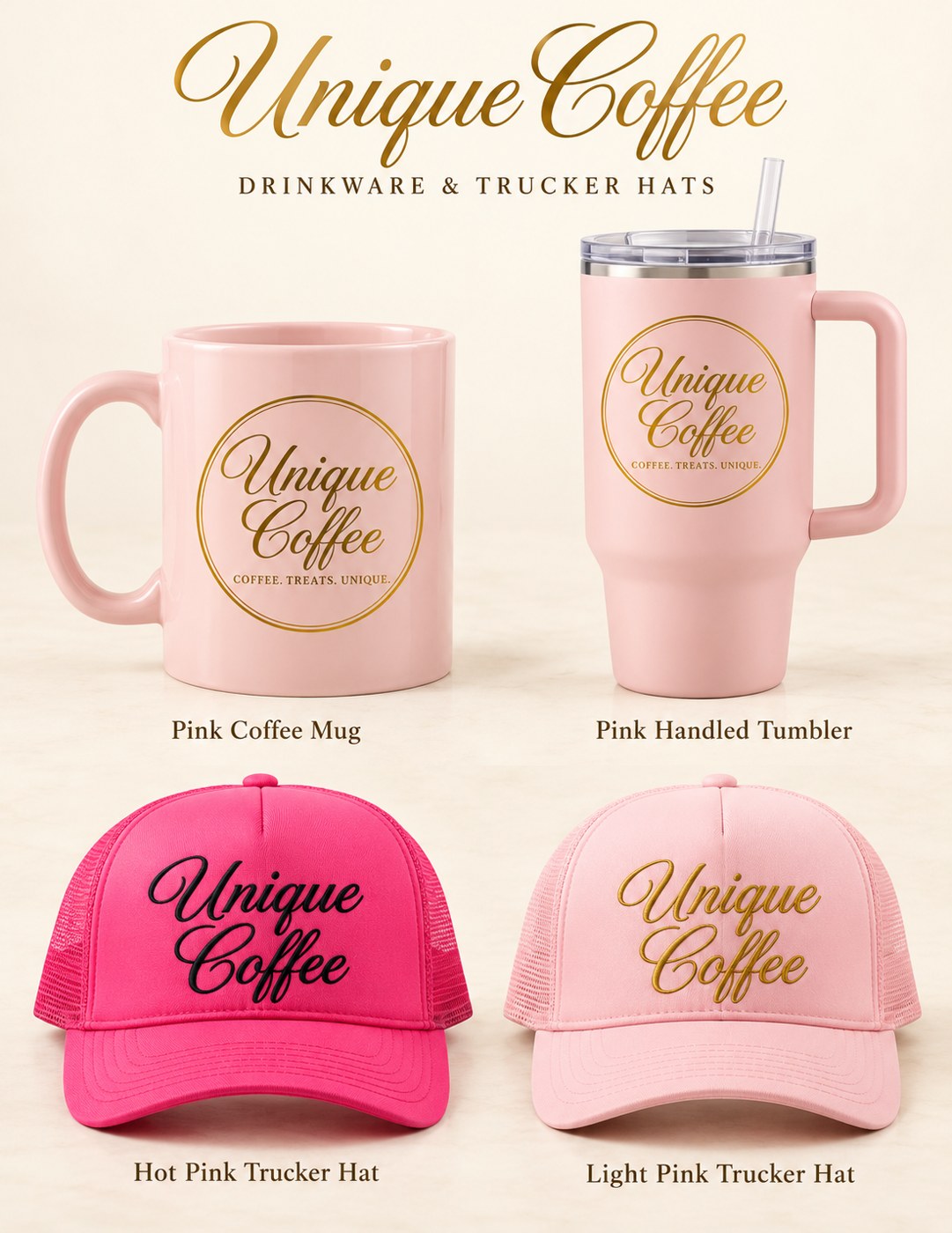 Pink Unique Coffee mug, handled tumbler and trucker hat design concepts