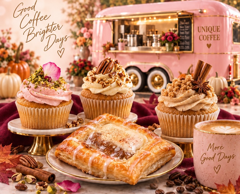 Fall menu illustration featuring rose pistachio, maple pecan and apple cinnamon cupcakes, a danish, coffee and a pink trailer