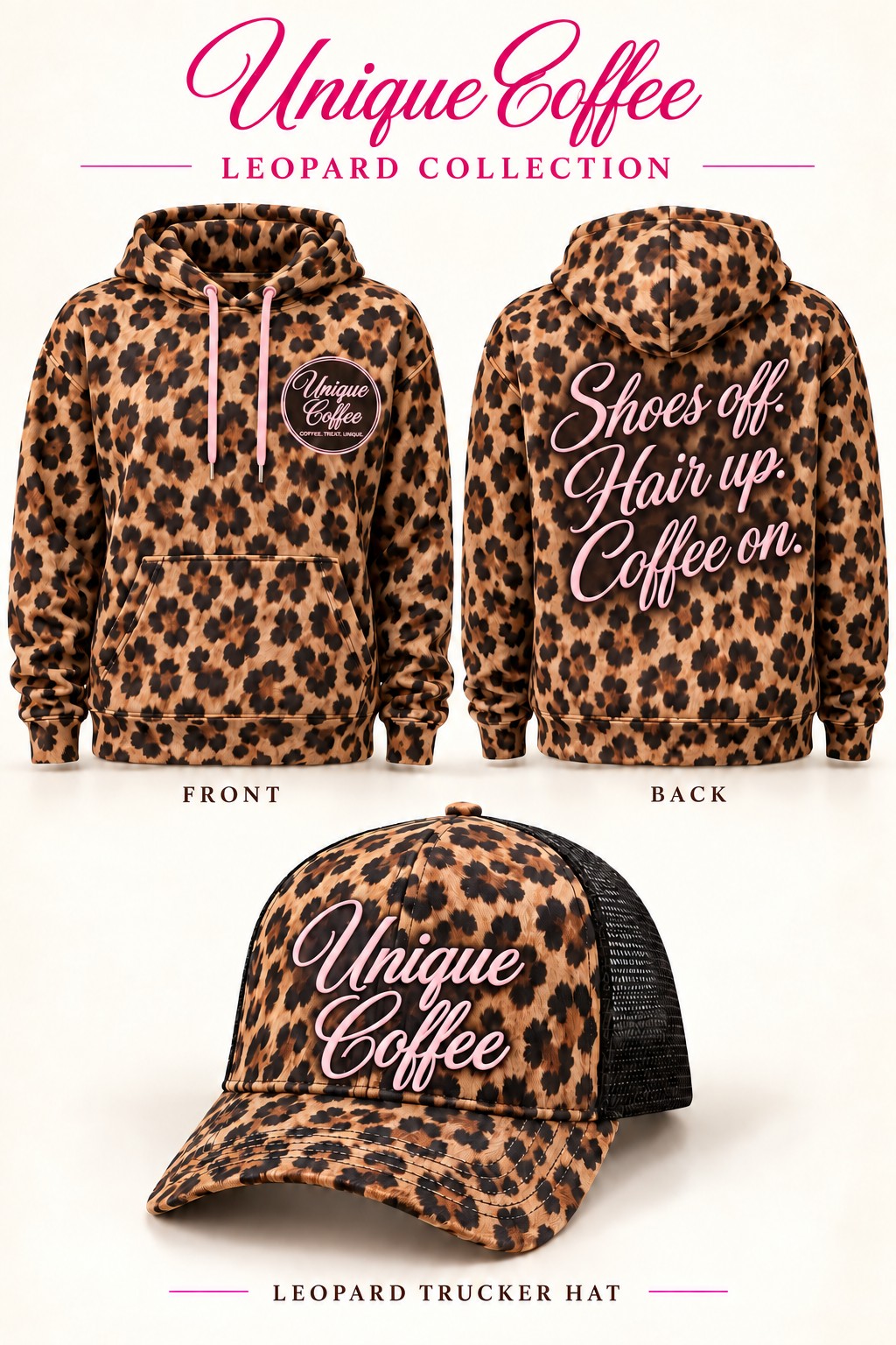 Leopard print Unique Coffee hoodie and trucker hat design concepts with blush pink lettering