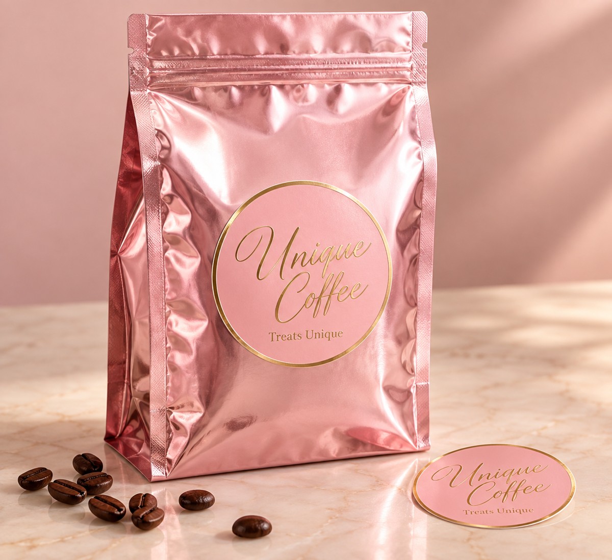 Packaging concept for a light metallic pink Unique Coffee bag with a round pink and gold logo sticker
