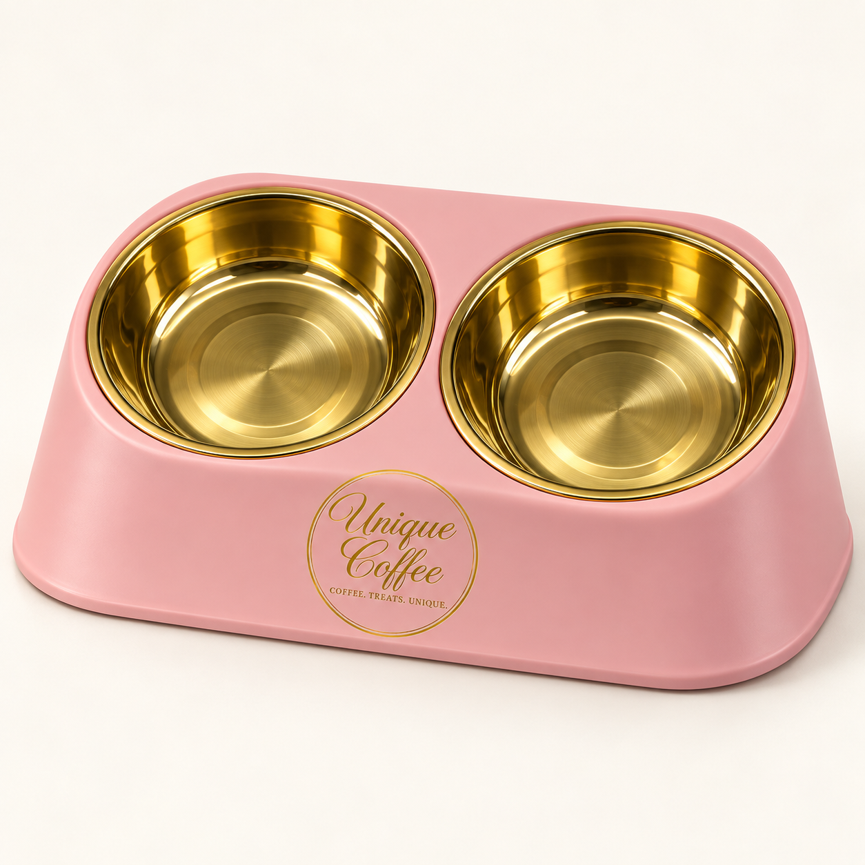 Unique Coffee design concept for a blush pink double pet feeding station with two gold bowls and the gold logo