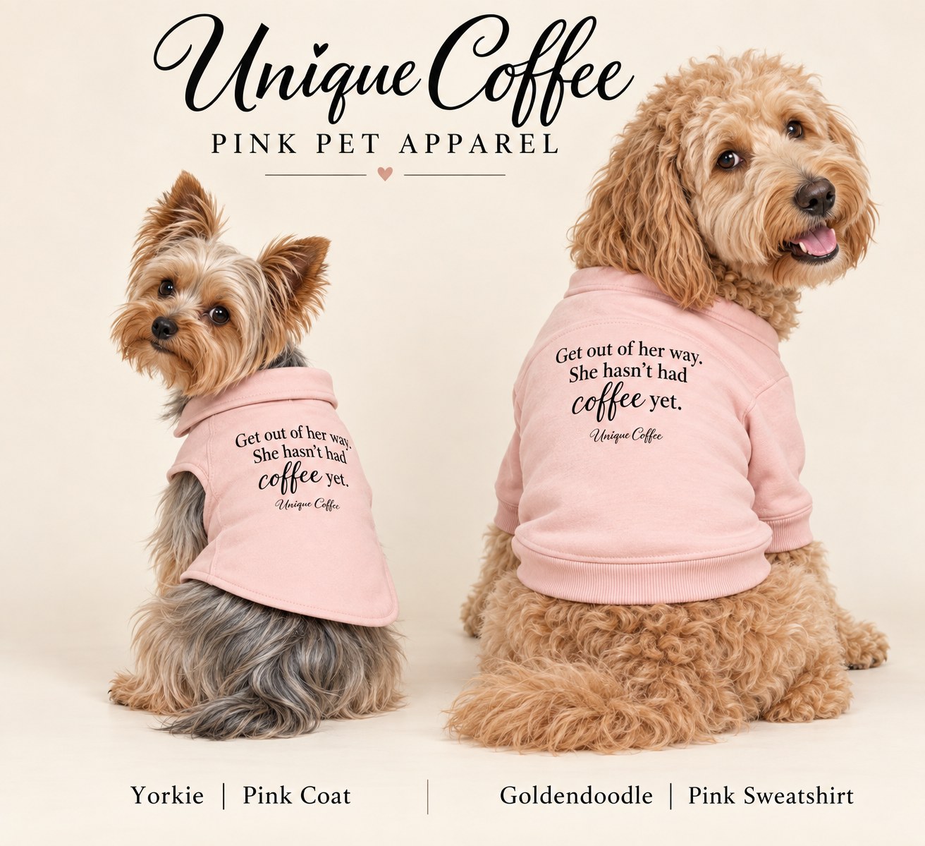 Yorkie and doodle modeling pink Unique Coffee pet apparel design concepts