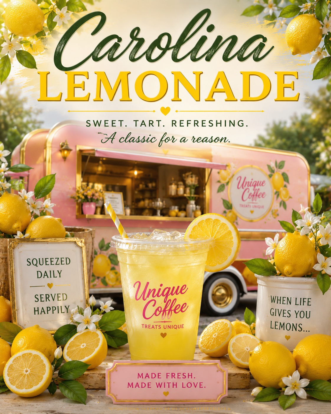 Carolina lemonade flyer with a pink trailer, lemons and an iced lemonade