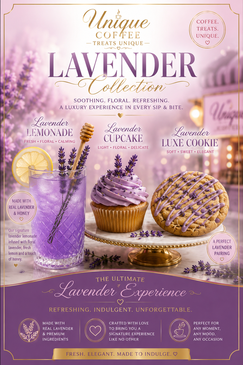 Lavender collection flyer featuring lavender lemonade and sweet treats