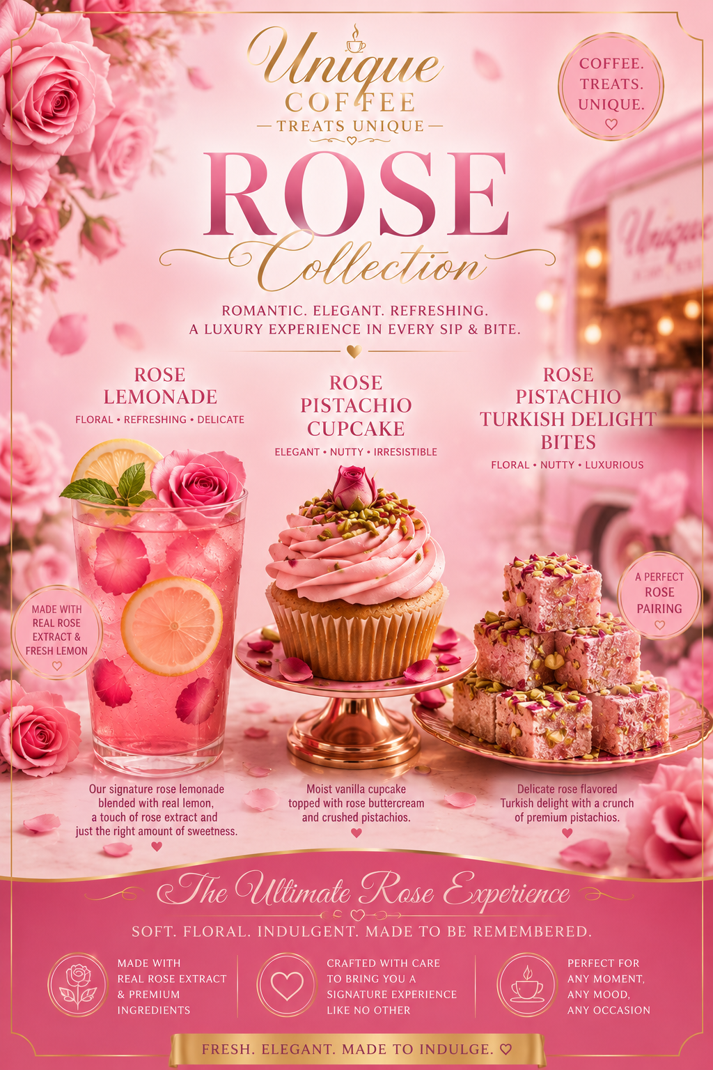 Rose collection flyer featuring rose lemonade and rose pistachio treats