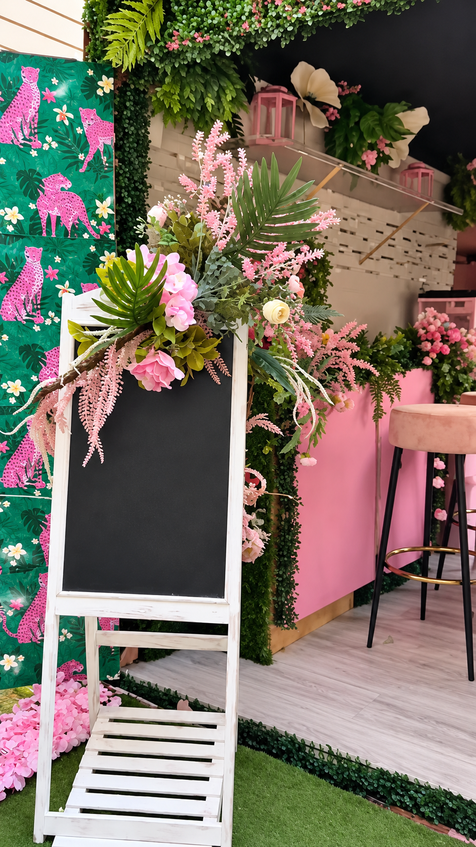 Inside Latasha’s actual pink trailer, decorated with flowers and greenery
